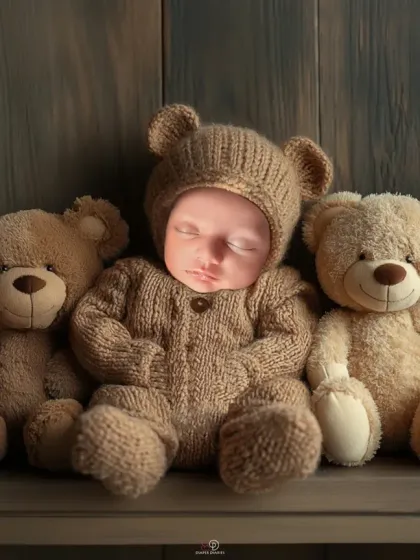 This adorable newborn is dressed as a teddy bear, nestled safely among a lineup of plush teddy friends. It's a perfect example of a themed newborn session that is both cute and timeless.