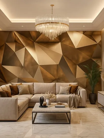 This living room features a bold geometric wallpaper with a 3D effect in shades of bronze and gold. It creates a powerful and contemporary accent wall.