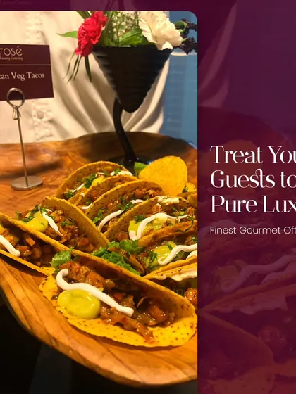 A platter of our Mexican Veg Tacos, filled with seasoned vegetables and topped with a creamy drizzle. This offering is part of our diverse global menu, designed to treat your guests to pure luxury.