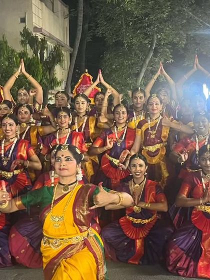 Our troupe ready for the 'Pallakki Utsava' as part of the Bengaluru Ganesh Utsava. We performed for three continuous days, dancing on the streets alongside the procession.