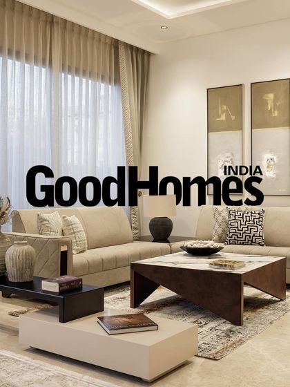 The cover feature in GoodHomes India celebrating our Terra project. This image of the living room highlights the calm, neutral palette and the layering of textures that define the home's aesthetic.