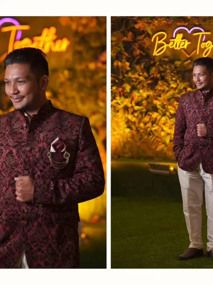 The groom deserves his own moment in the spotlight. This portrait showcases a stylish groom's reception look, capturing his confidence and happiness against the warm, festive lights of the wedding decor.