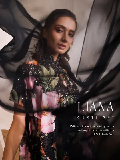 The Liana Kurti Set is the epitome of glamour, featuring an embellished floral kurti paired with a mesmerizing drape skirt for any special occasion.