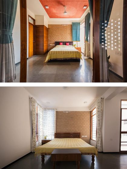 Two different bedrooms from one of our residential projects. We use natural materials like exposed brick and stone flooring, combined with ample natural light, to create restful and serene personal spaces.