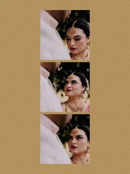 A vertical collage of a couple's portraits from their wedding day, focusing on their loving gazes.