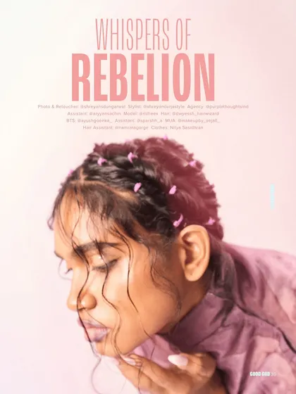 Titled 'Whispers of Rebellion' for PONY Magazine. This shot showcases a soft, dreamy aesthetic with a focus on intricate hair styling and a gentle, emotive pose.