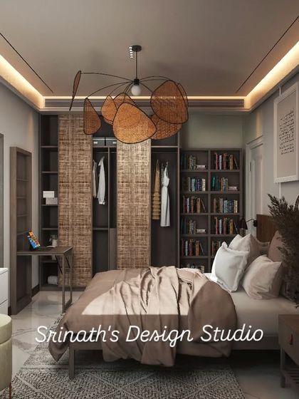 A bedroom design with a rustic charm, featuring rattan-style wardrobe doors, a foldable work table, and warm, earthy tones.