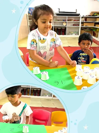 This collage shows more children enjoying the number-matching cup game. It's a perfect example of how we make learning interactive and fun for every child.