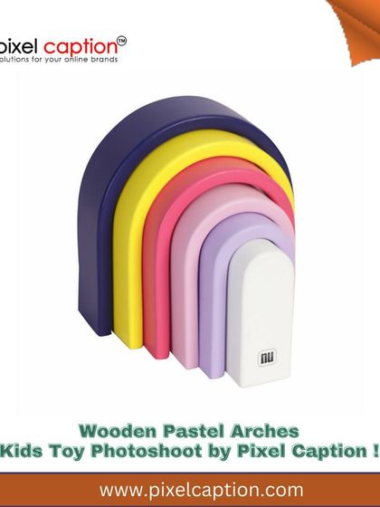 A branded shot of a wooden pastel arches toy. We create clean, appealing graphics to help your kids' products stand out.
