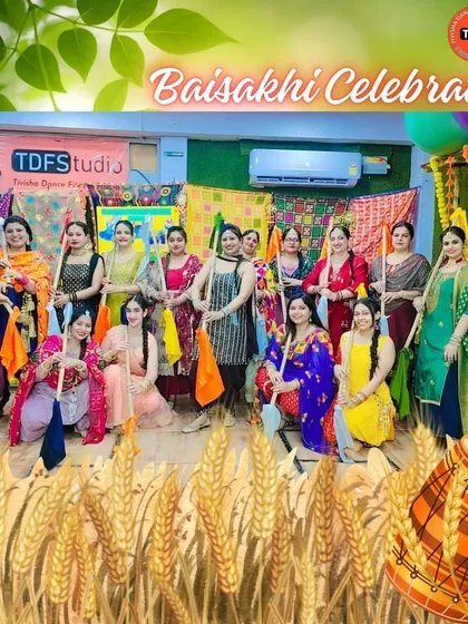 Our members posing with props during the Baisakhi celebration, ready for a traditional dance performance.