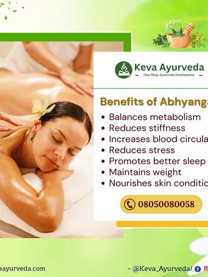 This image explains the key benefits of Abhyanga, our full-body Ayurvedic oil massage. The therapy helps to balance metabolism, reduce stiffness and stress, increase blood circulation, and deeply nourish the skin.