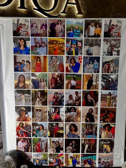 A beautiful and personal touch for a 50th birthday. We created a large photo collage banner with pictures from different stages of the birthday girl's life, creating a wonderful wall of memories.