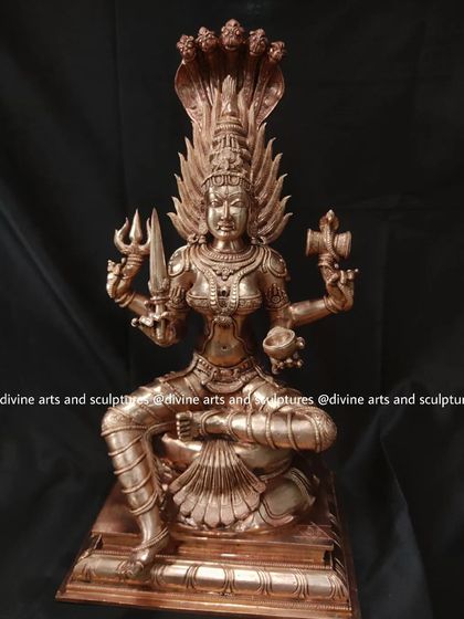 This is a 20-inch Panchaloha icon of Chowdeshwari Devi, a manifestation of Mother Goddess Shakti worshipped in Karnataka. Her unique iconography is carefully rendered by our artisans.