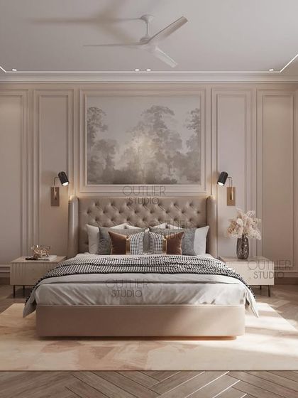 Simplicity never goes out of style. This bedroom features a classic design with a tufted headboard, a large landscape painting, and herringbone wood floors, creating a timeless and elegant retreat.