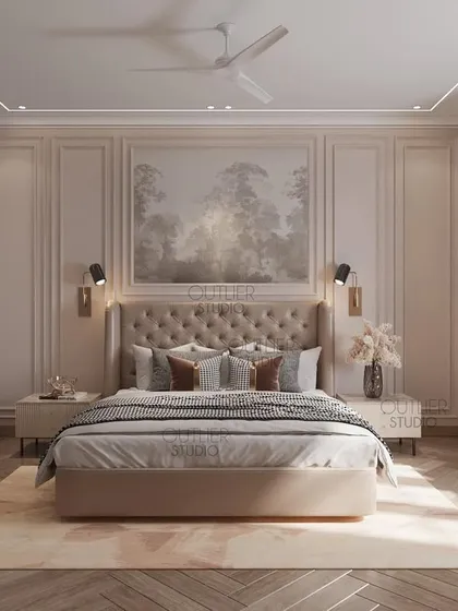 Simplicity never goes out of style. This bedroom features a classic design with a tufted headboard, a large landscape painting, and herringbone wood floors, creating a timeless and elegant retreat.