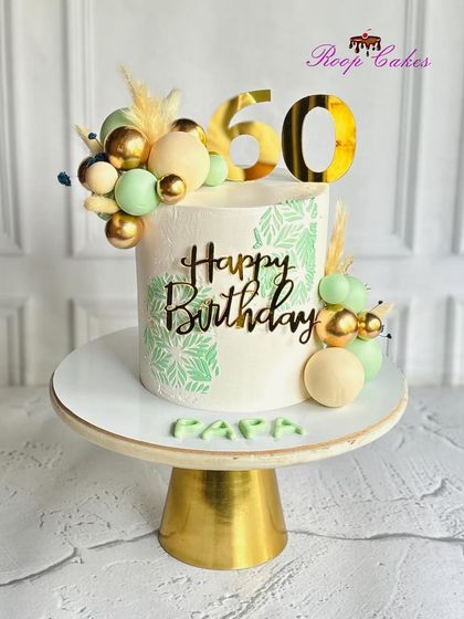 A grand celebration for a grand milestone. This elegant 60th birthday cake for 'Papa' features modern green stenciling and golden sphere accents.