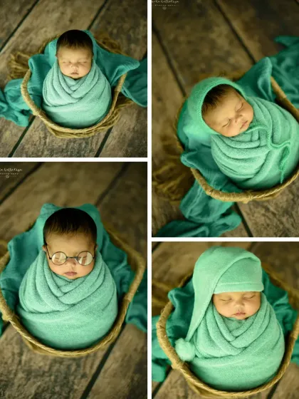 A collection of four distinct poses from the green-themed basket session, showing the variety we can capture in one setup.