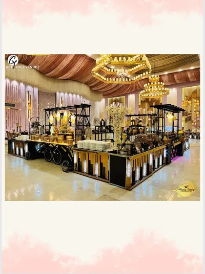 A complete view of our large, U-shaped buffet setup in a grand hall, capable of serving hundreds of guests efficiently and elegantly.