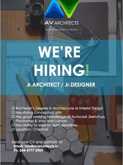 AV Architects in Chennai is looking for a Junior Architect or Designer with strong conceptual skills.