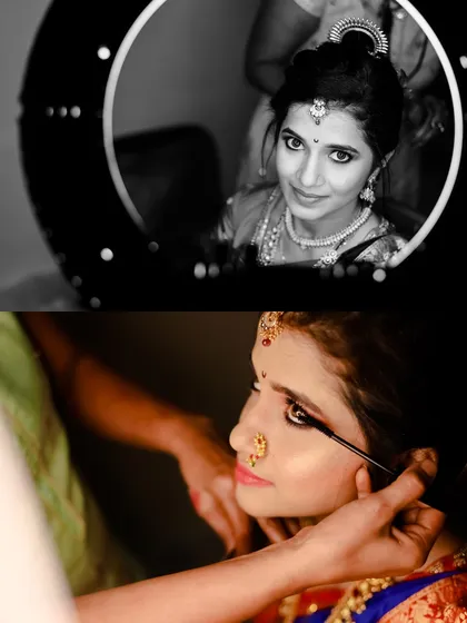 A collage showing the bride getting her makeup done, including a reflection in a ring light. These shots capture the anticipation of the moments before the ceremony.