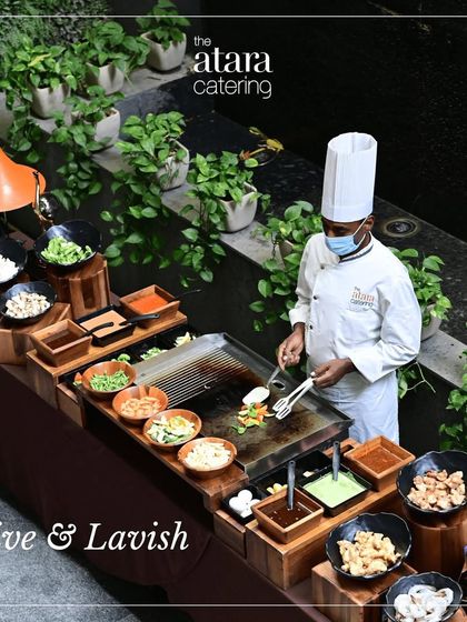 A full view of our live and lavish Teppanyaki setup. The station is fully equipped with a variety of ingredients and sauces, all managed by our professional chef.