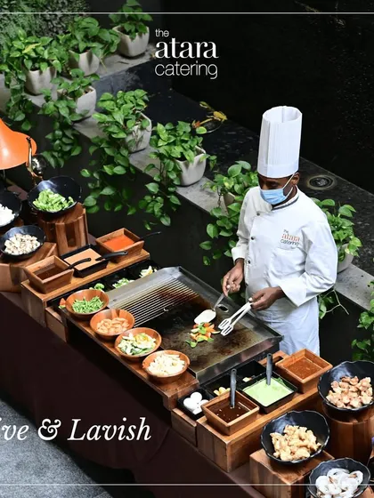 A full view of our live and lavish Teppanyaki setup. The station is fully equipped with a variety of ingredients and sauces, all managed by our professional chef.