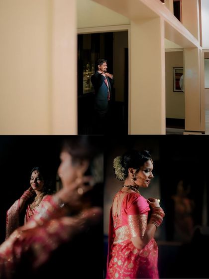 A collage showing the bride and groom getting ready for their reception. It tells the story of their transformation for the evening's festivities.