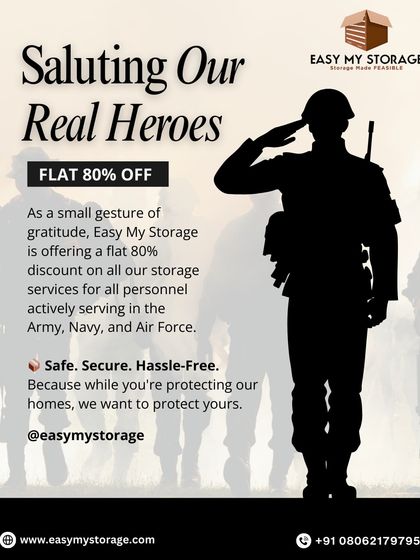 As a gesture of gratitude to our real heroes, we offer a flat 80% discount on all storage services for personnel actively serving in the Army, Navy, and Air Force. While you protect our homes, we protect yours.
