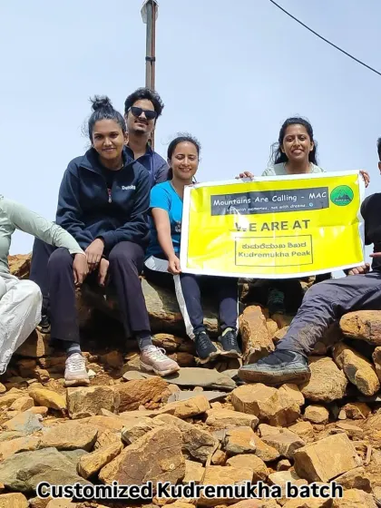 A customized Kudremukha batch posing at the summit. We can tailor the trek experience to your group's specific needs and fitness levels.