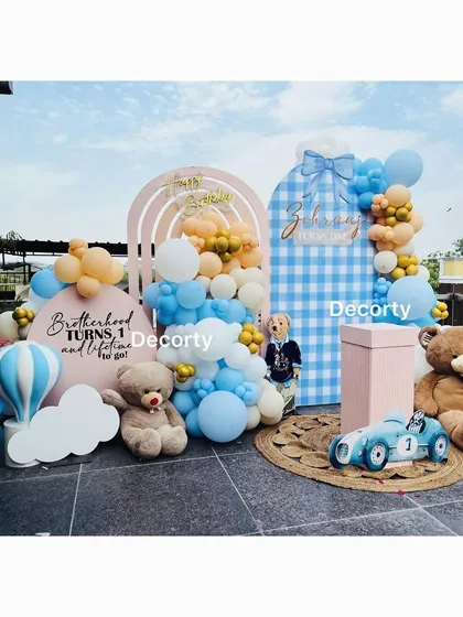 The full setup for the "Brotherhood" teddy bear party, celebrating two little ones in style.