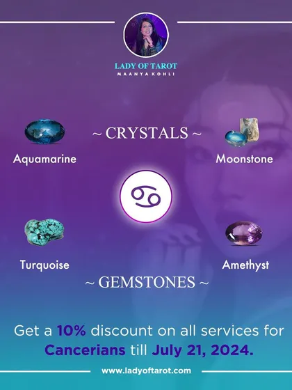 During Cancer season, certain crystals and gemstones can amplify your energy. This graphic shows stones like Aquamarine, Moonstone, Turquoise, and Amethyst that resonate with the intuitive and nurturing nature of Cancerians.