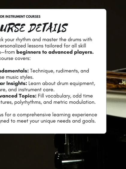 Our drum course covers fundamentals like technique and rudiments, gear insights, and advanced topics like odd time signatures and polyrhythms.