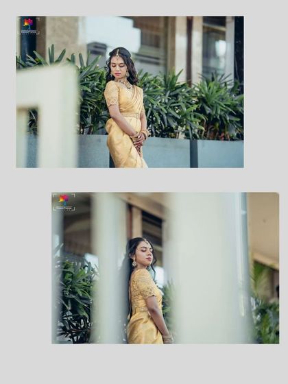 Stunning portraits of Likhitha for her ring ceremony. We used creative framing and angles to capture her elegance and the beauty of her golden saree.