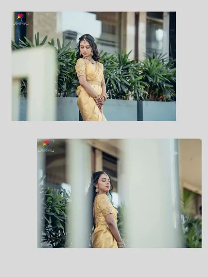 Stunning portraits of Likhitha for her ring ceremony. We used creative framing and angles to capture her elegance and the beauty of her golden saree.