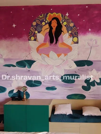 This mural was designed to color the life of the space. It features a woman meditating on a lotus, surrounded by a vibrant, cosmic aura, creating a truly personal and spiritual sanctuary.