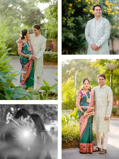A collage from a traditional baby shower, capturing the couple's portraits in a beautiful outdoor setting.