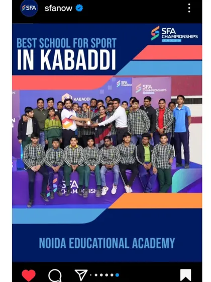 An official poster from SFA recognizing Noida Educational Academy as the 'Best School for Sport in Kabaddi'.