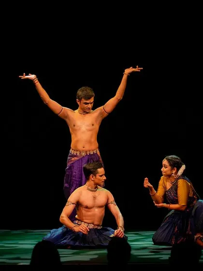 A scene from 'ĀBHA', our retelling of the Ramayana. This trio performance with Shruti Gopal and Adithya PV is a blend of individual expression and synchronized group choreography.