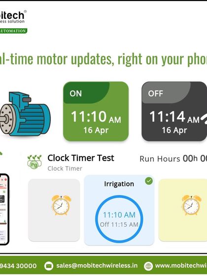 A look at the real-time motor updates on our app, showing ON/OFF status, run hours, and options for setting clock timers for automated schedules.