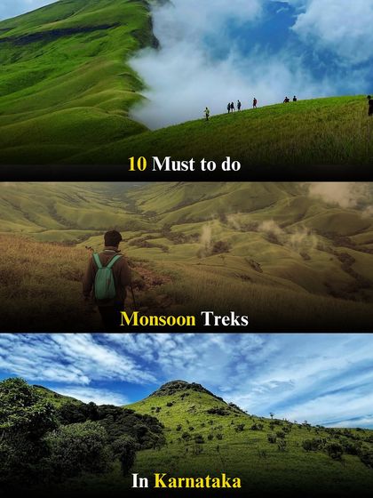 A promotional collage listing 10 must-do monsoon treks in Karnataka, from Kumara Parvatha to Nishani Motte.