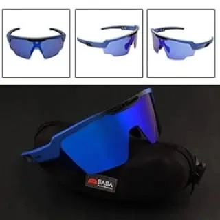 This collage presents sports sunglasses from multiple angles, including a main lifestyle shot with the case, providing a comprehensive view for an e-commerce listing.