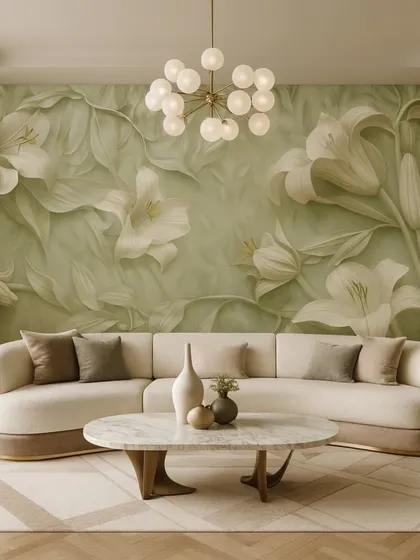 A beautiful wall mural featuring white lilies on a soft green background. The 3D effect of the flowers makes them appear to pop out from the wall.