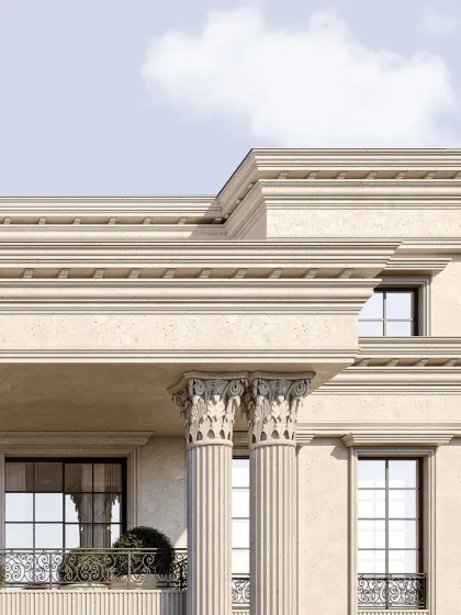 A close-up of a Corinthian column, where geometry meets grace. The fluted shaft and acanthus leaf capital, paired with a layered entablature, cast measured shadows that echo centuries of classical order.