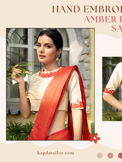 The Kamal Naini Blouse, with its intricate hand embroidery, pairs effortlessly with the radiant charm of the Amber Radiance Saree. A duo that defines elegance.