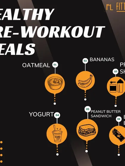 Feeling low on energy before a workout? The right pre-workout meal can make all the difference. This infographic shows six simple, healthy options like oatmeal, bananas, and yogurt that we recommend to our clients for sustained energy.