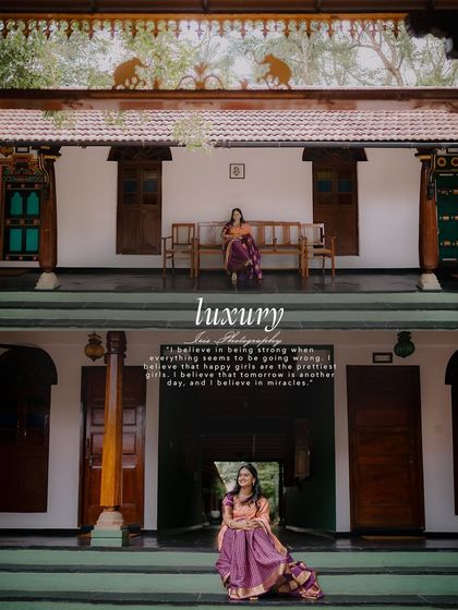 A "luxury" themed portrait taken at a beautiful heritage home. The architecture and the traditional saree create a feeling of timeless elegance.
