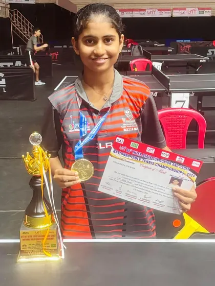 Our national champion Swara Jangade with her gold medal and trophy after her team's victory at the Cadet & Sub Junior National Championship in Indore. This shows her individual success following the team event.