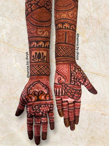 A beautiful example of a full-coverage design for the back of the hands. It features traditional elements like swans, lotuses, and elephants, with detailed bands extending up the arms.