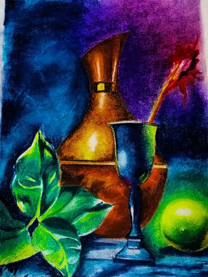 This still life was made with soft pastels, which allow for rich, blendable colors. I can create custom compositions with objects that are meaningful to you, resulting in a vibrant artwork for your home.