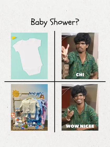 A fun meme showing the difference between a generic baby shower gift and a thoughtfully curated hamper from my collection. Why give just a onesie when you can give a whole experience?